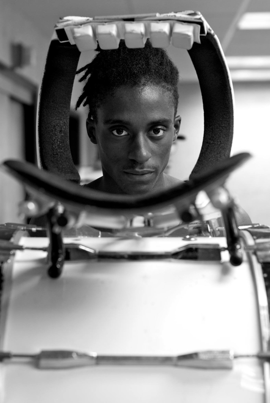 Malcolm J. Henry behind a snare drum during practice